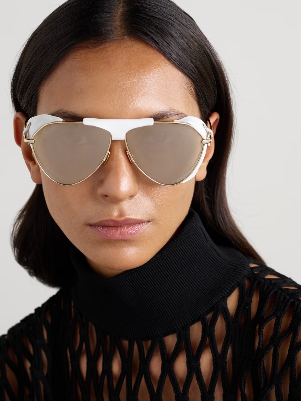 ALAÏA EYEWEAR AVIATOR-STYLE LEATHER-TRIMMED GOLD-TONE SUNGLASSES AA0067S